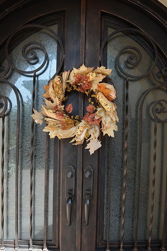 Admired By Nature Autumn Corn Husk Wreath - 26" Natural Fall Color Artificial Wreath - For Home Decor, Offices, Weddings, Events, Parties, Thanksgiving