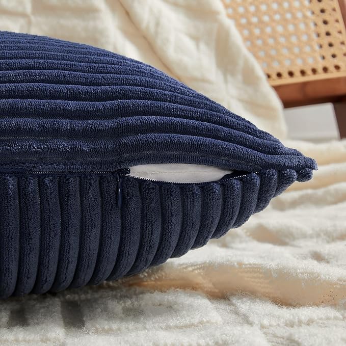 Fancy Homi 2 Packs Navy Blue Lumbar Decorative Throw Pillow Covers 16x32 Inch for Living Room Couch, Rustic Farmhouse Boho Home Decor, Soft Striped Corduroy Rectangle Accent Cushion Case 40x80 cm