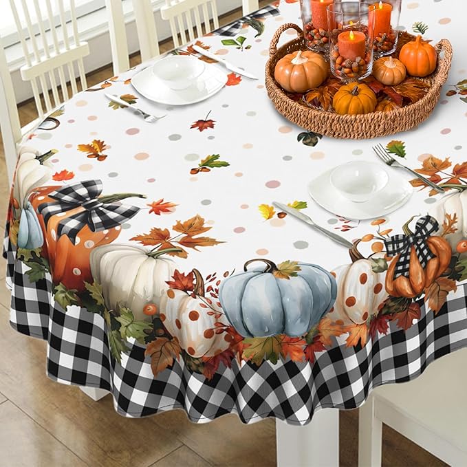Fall Pumpkin Tablecloth Thanksgiving Autumn Buffalo Plaid Table Cloth 60"x120", Waterproof and Reusable Table Cover for Fall Harvest Party Decoration
