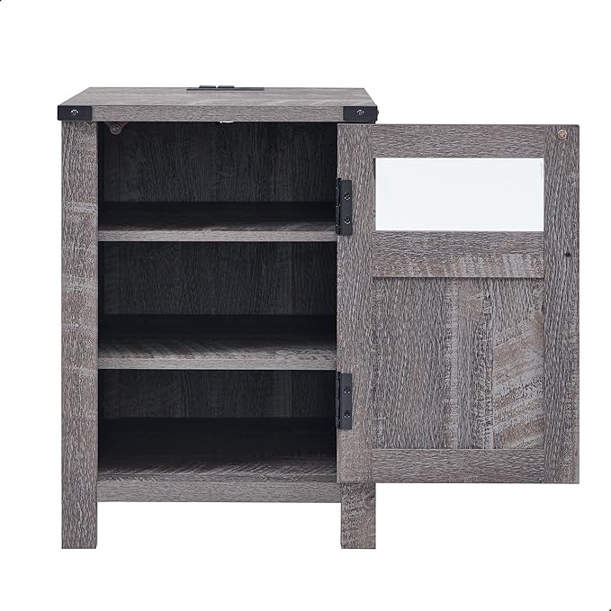 JXQTLINGMU Farmhouse End Table with Charging Station, 18'' Rustic Nightstand with Barn Door & Adjustable Shelf, Wooden Sofa Side Table with 3-Tier Storage for Living Room, Bedroom, Gray