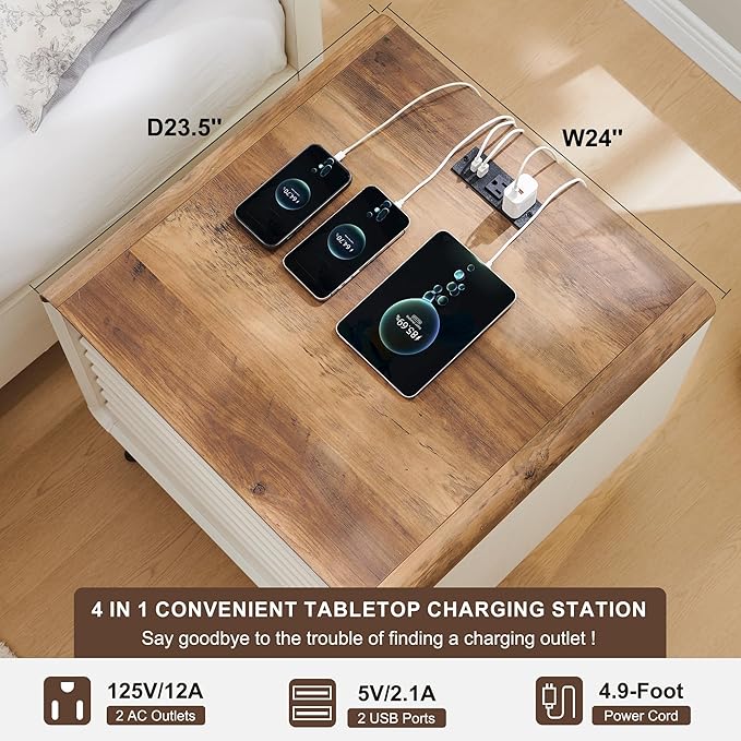 RedLemon 24" Nightstand Set of 2 with Charger Station, Mid Century Modern Fluted End Table with 2 Drawers，Wooden Side Table with Open Cubby Storage for Living Room, Bedroom, Office (Antuique White)