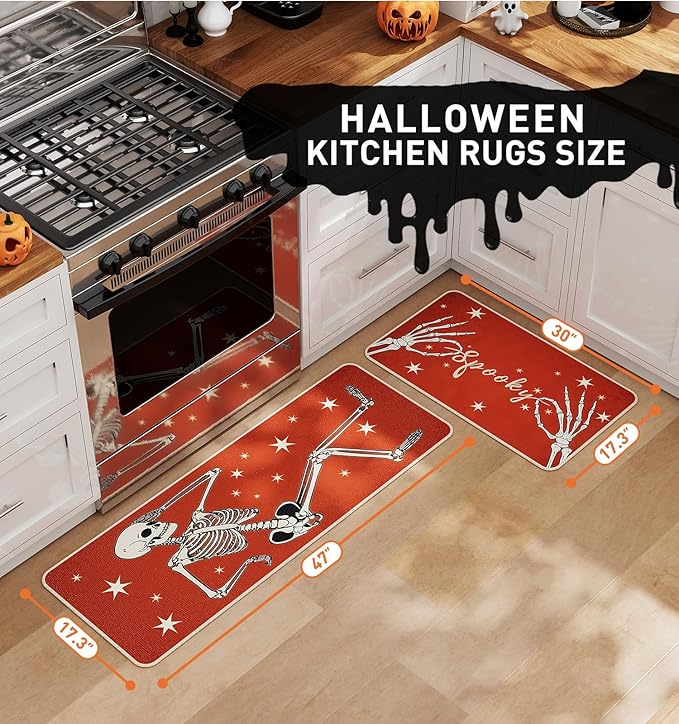 Halloween Kitchen Mat Set of 2, Spooky Skeleton Gothic Halloween Kitchen Decor, Halloween Rug for Floor, Indoor Spooky Home Decor with Non-Slip Backing,17 x 29 Inch & 17 x 47 Inch