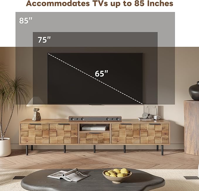 Modern TV Stand for TVs up to 85", Mid-Century Media Console with Checkered Cabinet Doors, Storage Drawers & Open Shelves, Wood Entertainment Center with Metal Legs