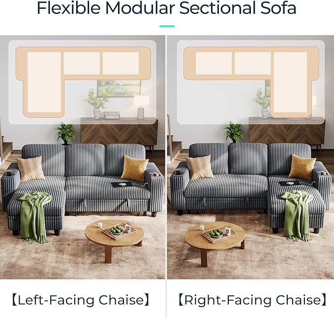 LINSY HOME Sectional Sleeper Sofa with Pull Out Couch Bed Convertible Plush Corduroy Cloud Couch with Storage Chaise & USB Charging, Comfy L Shaped Modular Couches for Living Room Apartment (Grey)