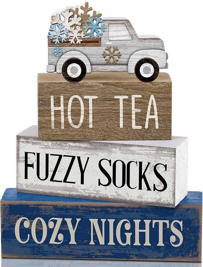 4 Pcs Christmas Table Decorations Wooden Snowflake Truck Decor Winter Tiered Tray Decor Christmas Centerpiece Rustic Decorative Truck Block Sign Gift Farmhouse for Home Kitchen Shelf