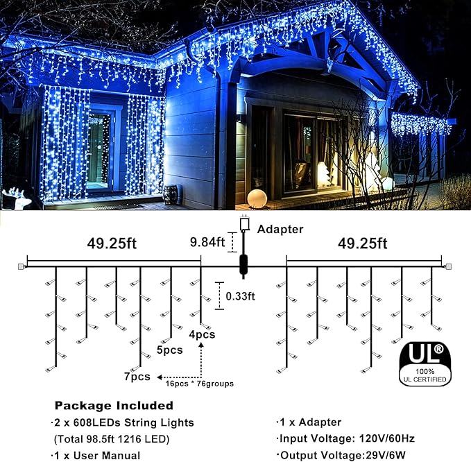 98FT Blue Icicle Lights for Outside, 1216 LED Icicle Christmas Lights with 8 Modes 228 Drops, Curtain Twinkle Lights for Indoor Outdoor Bedroom House Holiday Party Wedding Decorations