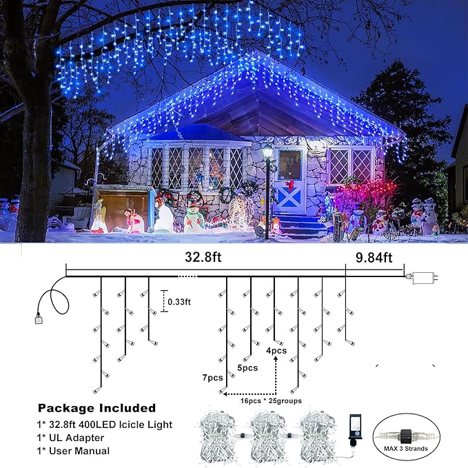 Icicle Lights for Outside, 33FT 400 LED Christmas Lights Outdoor with 8 Modes Waterproof, Plug in String Twinkle Light for Indoor Home Room Window Party Patio Yard Wedding Decorations, Blue