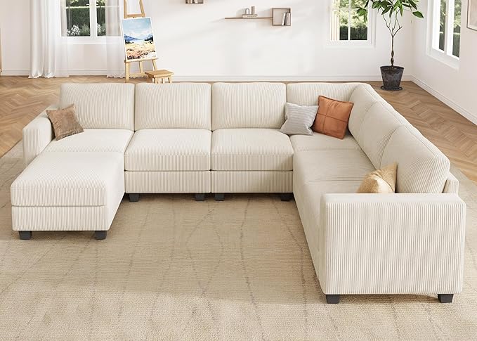 HONBAY Corduroy Sectional Sofa with Storage, U Shape Modular Sectional Sofa with Chaise, Modular Couches for Living Room, Beige