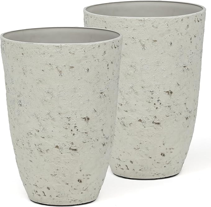 19.5" Resin Tall Planters for Outdoor Plants, Set of 2 Country White Large Flower Pots with Handmade Birch Bark Texture, Heavy-Duty and Weather-Resistant for Year Round Indoor Outdoor use