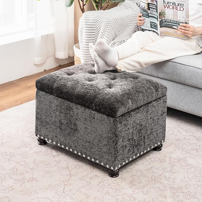 Joveco Storage Ottoman Bench, Rectangle 24" Velvet Foot Rest Stool Square Footstool for Living Room, Bedroom, Charcoal Grey