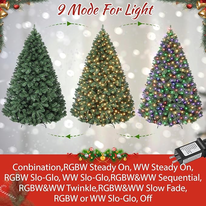7.5ft Prelit Christmas Tree - Fluffy Fraser Fir with 600 Multicolor Lights & 9 Modes, Hinged Branches & 1300 Tips, Artificial Christmas Tree Includes Stand with Foot Switch for Holiday Home Decor