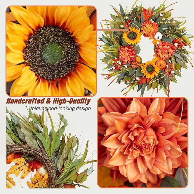 Fall Wreaths for Front Door 24 Inch Fall Wreath with Pumpkins, Sunflowers & Berries – Outdoor Autumn Wreath for Porch, Thanksgiving, Halloween & Harvest Decor