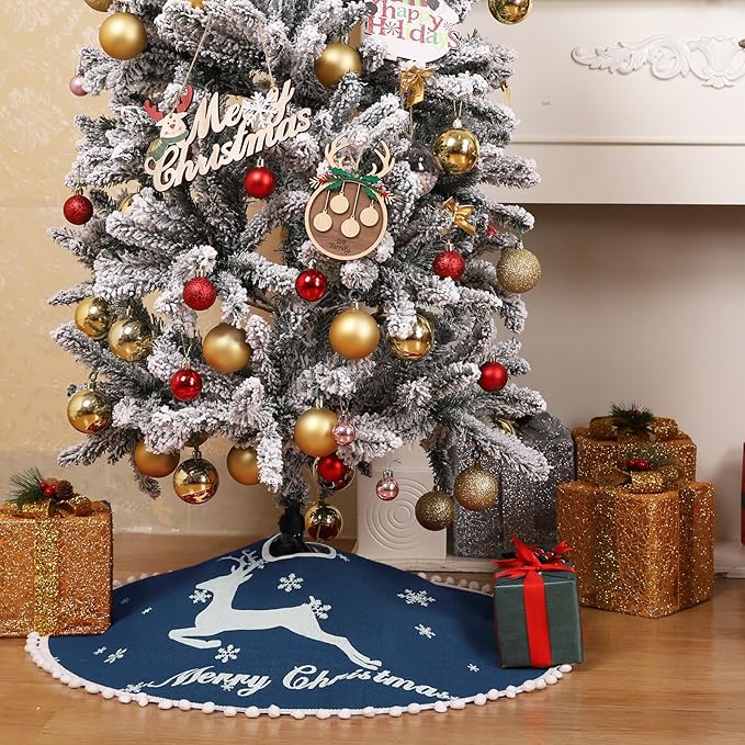 30 Inch Christmas Tree Skirt, Burlap Blue Christmas Rustic Tree Skirt with Elk Deer and White Snowflake Printed for Holiday Party Xmas Tree Decoration