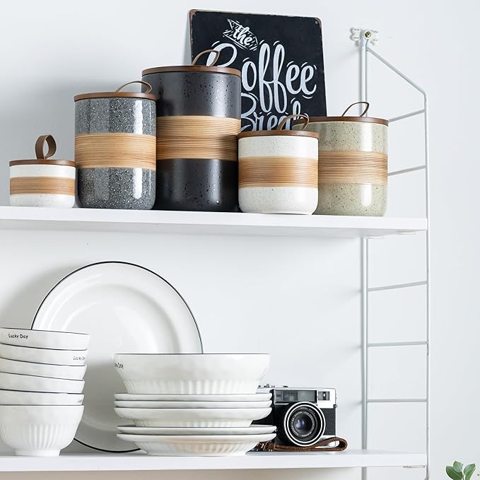 Large Storage Containers with Lids, Ceramic Coffee Container Kitchen Food Storage Jars for Spice Sugar Tea Bag, Stackable Decorative Jars for Counter, 61oz