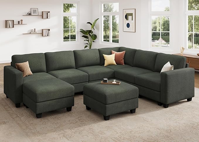 HONBAY Corduroy Sectional Couch with Storage U Shaped Sectional Sofa Modular Sectional Couches for Living Room, Green