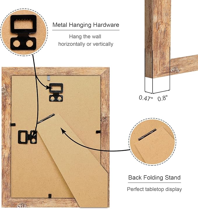 5x7 Picture Frame Set of 4, 5 x 7 Wood Photo Frames with Mat for 4x6, Natural Wooden Frame with Real Glass Cover for Wall and Tabletop Display,Brown