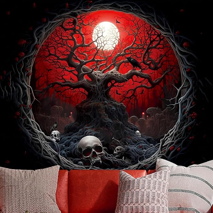 Atrippy Halloween Black Red Anime Tapestry, Gothic Dark Forest Moon Wall Hanging, Nature Skull Withered Tree Landscape Tapestries for Bedroom Living Room Men Dorm 60x 79 Inches