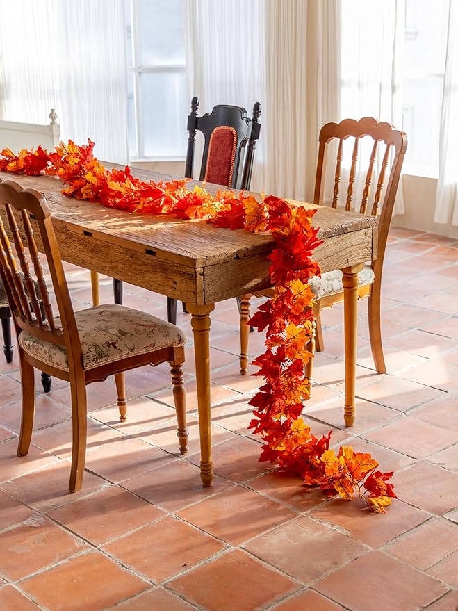 6PCS Yellow-Red Fall Maple Leaves Garland, 5.6Ft Artificial Maple Leaf Autumn Garland Hanging Fall Vines Table Decorations Front Door Fall Decor Thanksgiving Decorations Decor Outside Indoor Decor