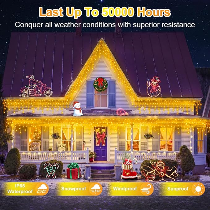 1296LED Christmas Lights with 288 Drops, 131ft 8 Modes Christmas String Lights Outdoor, Waterproof Christmas Decorations Fairy Lights with Timer Memory for Xmas Party Patio Window Fence Warm White