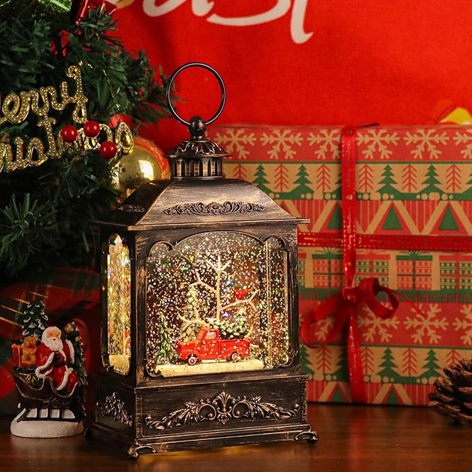 GenSwin Christmas Car Snow Globe Lantern Battery Operated Water Swirling Glitter with 6H Timer, Musical LED Lighted Scene for Christmas Home Decoration Gift