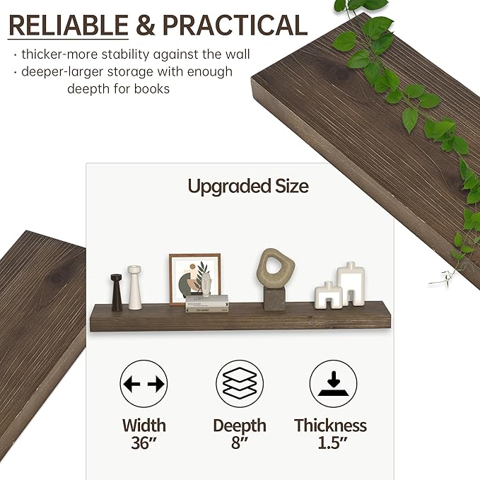 Floating Shelves for Wall, USA-Sourced Fir Wood 36 Inch Wall Shelves Set of 2, Natural Rustic Solid Wooden Floating Shelves Wall Mounted, Nursery Book Storage Shelf, Display Shelf for Bathroom