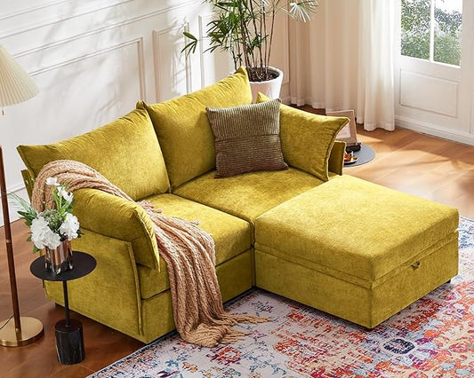 Luxury Modular Sectional Sofa, L-Shaped 3-Seat Couch with Storage Ottoman Deep Seat & Reversible Chaise Lounge Chenille Yellow for Compact Spaces, Apartments, Dorm