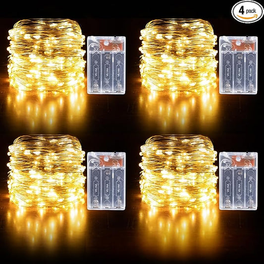 Fairy Lights Battery Operated String Lights 16.4ft 50LED Flashing and Constant Light Waterproof Silver Wire for Christmas DIY Party Bedroom Wedding (Warm White, 4 Pack)