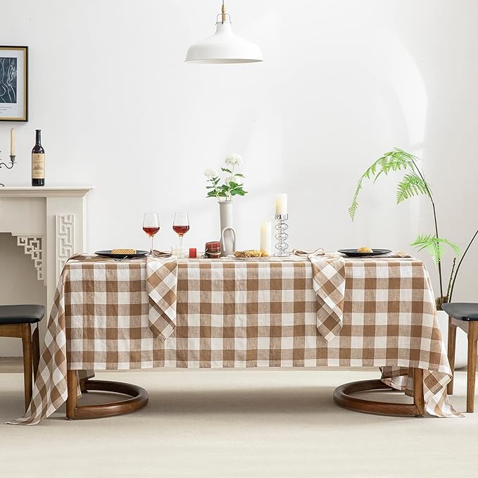 EVERLY 100% Yarn-Dyed Linen Rectangle Tablecloths 60x144Inches for Dining,Buffet Parties,Picnic,Events and Restaurants,Decorative Halloween,Thanksgiving Machine Washable Tablecloths-Brown Plaid