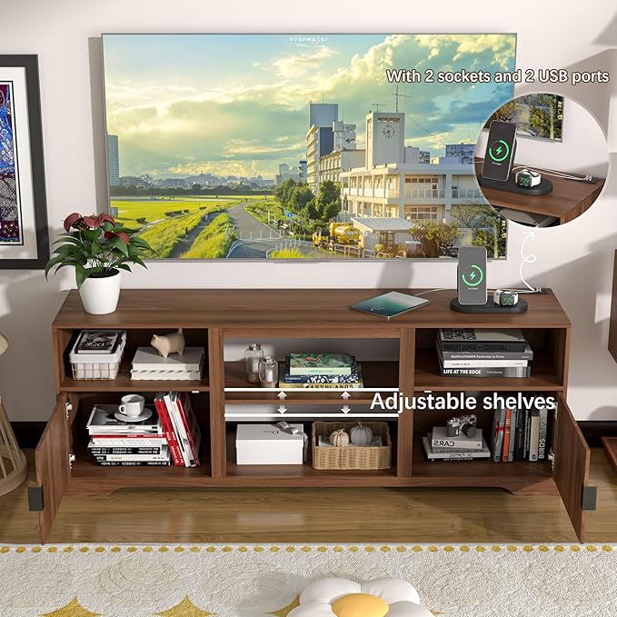 Fluted TV Stand for Tvs up to 80",Mid Century Modern TV Stand with Open Adjustable Shelf,Entertainment Center Wood TV Media Console with Cord Holes,TV Stand for Living Room Furniture Bedroom,Walnut