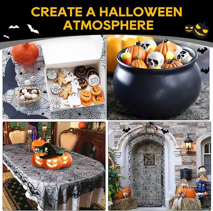 eZAKKA Halloween Table Cloth, Spider Web Table Cloth Black Tablecloth Lace Fabric Table Cloths Halloween Table Cover for Rectangle for Parties Gothic Spooky Home Decorations, 48x96 Inch