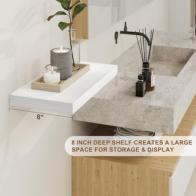 Fun Memories White Floating Shelves 16 Inch Long, 8 Deep Floating Shelf Wall Mounted, 16 x 8 Inch Wooden Bathroom Shelves, Deep Storage Shelves for Living Room, Kitchen, Set of 2