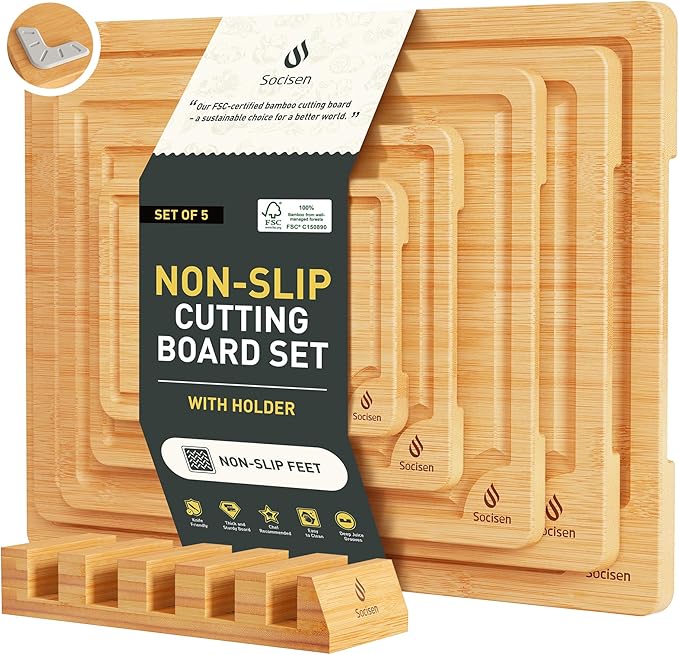 5 Packs Bamboo Cutting Board Set with Non Slip Feet Holder and Over Sink Nice Solid Thick Wood Juice Groove Chopping Board Small Big Xl XXl xlarge Oversized Kitchen Counter Organic Vegetable Meat Kit