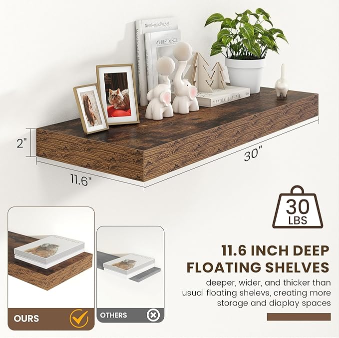 Deep Floating Shelves for Wall | 30 Inch Wide x 12 Inch Deep Floating Shelves | 30W x 12D Rustic Wood Wide Wall Shelves | Bookshelf Laundry Shelf TV Shelf