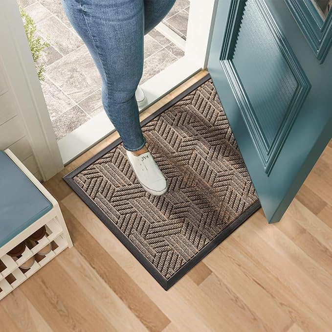 Mibao Front Door Mat Outside Entrance, Durable Outdoor Indoor Mat, Low Profile Heavy Duty Doormat, Non-Slip, Traps Dirt and Moisture, Easy Clean Patio Porch Entryway Mat, 17" x 29.5", Brown