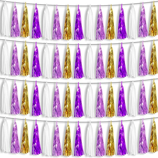 4P Purple-Gold Foil Fringe Metallic Tassel Garland, Tassels Banner Streamers for Parade Floats, Bachelorette, Wedding, Birthday, Halloween, Christmas, Bridal/Baby Shower Party Decorations