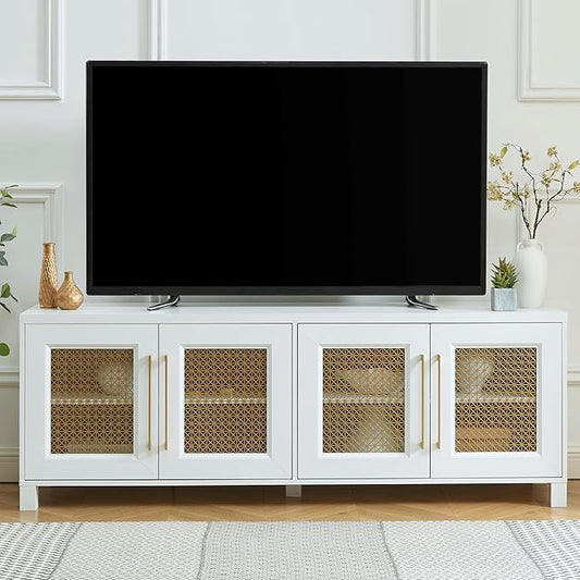 JYED Mid Century Modern TV Stand for TVs up to 75", 69.5" W White Entertainment Center with 4 Gold Metal Mesh Doors - Wood Grain MDF TV Console, Media Storage