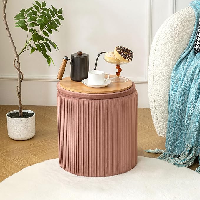 Ottoman with Storage Set of 2, Velvet Storage Ottoman, Upholstered Sponge Vanity Stool Support 300lbs, Multifunctional Coffee Table Foot Rest Ottomans for Living Room Bedroom, Pink