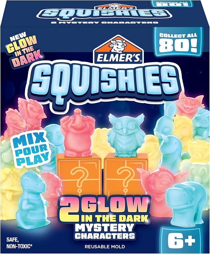 Elmer's Squishies Kids’ DIY Activity Kit, Glow in the Dark Toy Kit, Creates 2 Mystery Characters, 13-Piece Set, Ages 6+