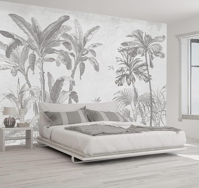 Gray Jungle Landscape Wallpaper Mural Tropical Banana Leaf Wall Mural (Not Peel and Stick)