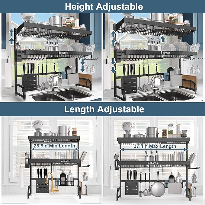 Over The Sink Dish Drying Rack,3 Tier Adjustable Length (25.5'' to 37.4'') Full Stainless Steel Large Storage Kitchen Dish Rack,for Kitchen Counter Expandable Multifunctional Organizers,Black