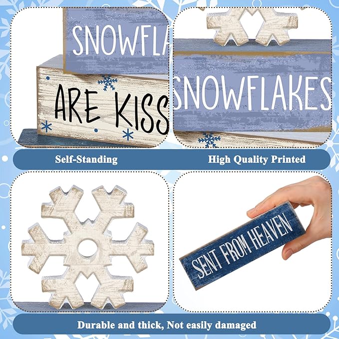 4 Pcs Christmas Table Decorations Wooden Snowflake Decor Winter Tiered Tray Decor Rustic Snow Block Signs Gift Farmhouse Christmas Centerpiece for Winter Wonderland Party Kitchen Home