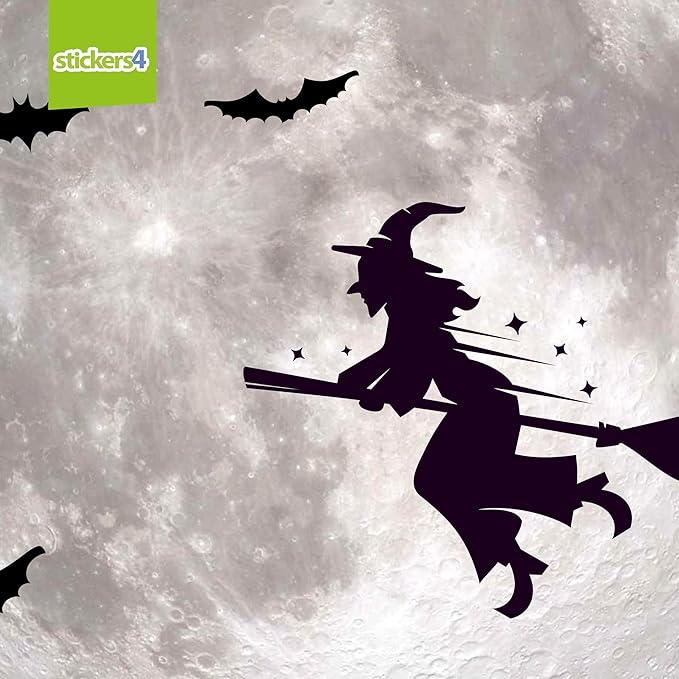 Halloween Clings for Glass Windows - 8" x 8" Moon Decal - Witch Silhouette - Halloween Decorations
