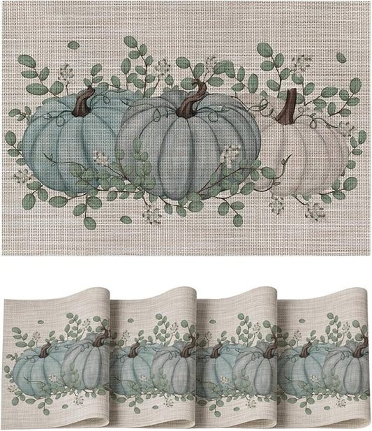 Artoid Mode Pumpkin Leaves Fall Vinyl Placemats Set of 4, Wipeable Woven PVC Table Mats for Thanksgiving Farmhouse Holiday Party Kitchen Dining Decor