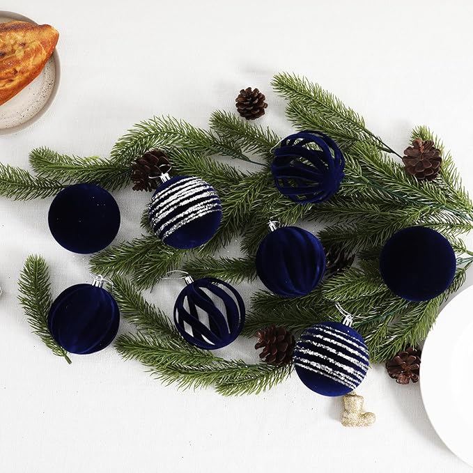 Christmas Ornaments Set of 12, 3.15" Flocked Velvet Balls with Hand Painted Designs, Navy Blue Elegant Christmas Tree Decorations in Gift Box