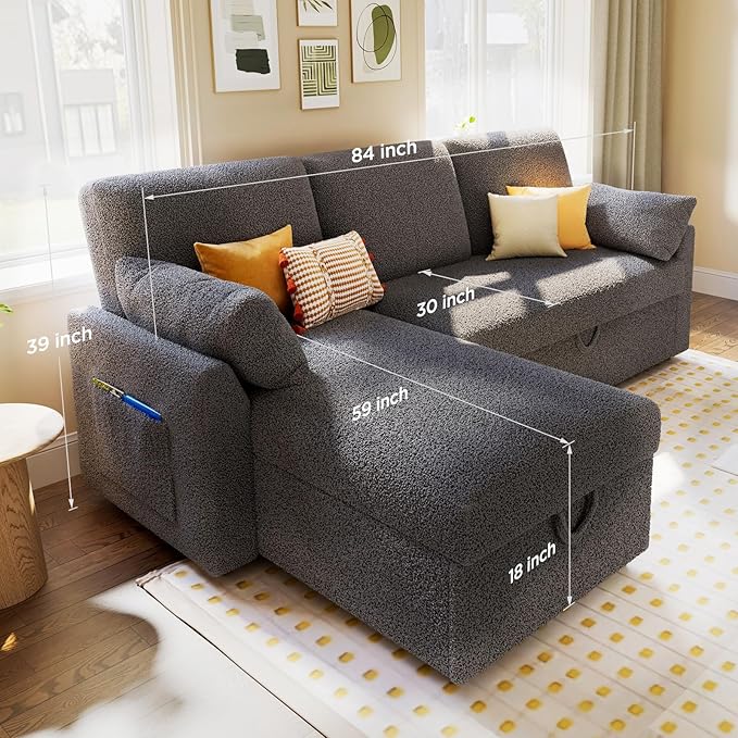 VanAcc Sofa Bed, Sleeper Sofa with Storage Chaise- 2 in 1 Pull Out Couch Living Room, Comfy Sleeper Couch, Grey Boucle