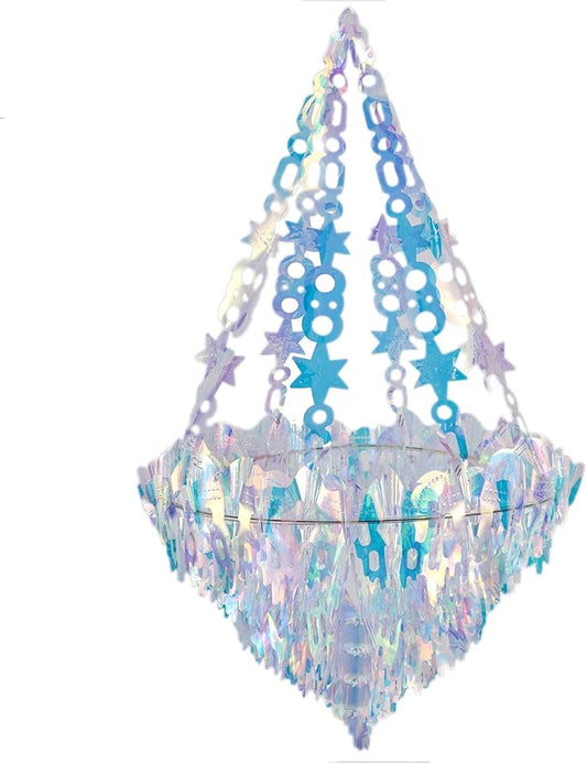 Hanging Decorations Iridescent Chandelier Shaped Foil Ceiling Hanging Ornament for Bridal Shower Wedding Birthday Frozen Theme Party Fairy Princess Rainbow Show Decoration