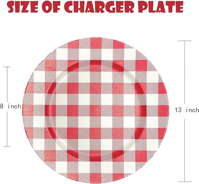 Henilosson Round 13 inch Charger plate - red and white Checkered Design Plate Charger - Christmas and New Year Placemat (6, red+white)