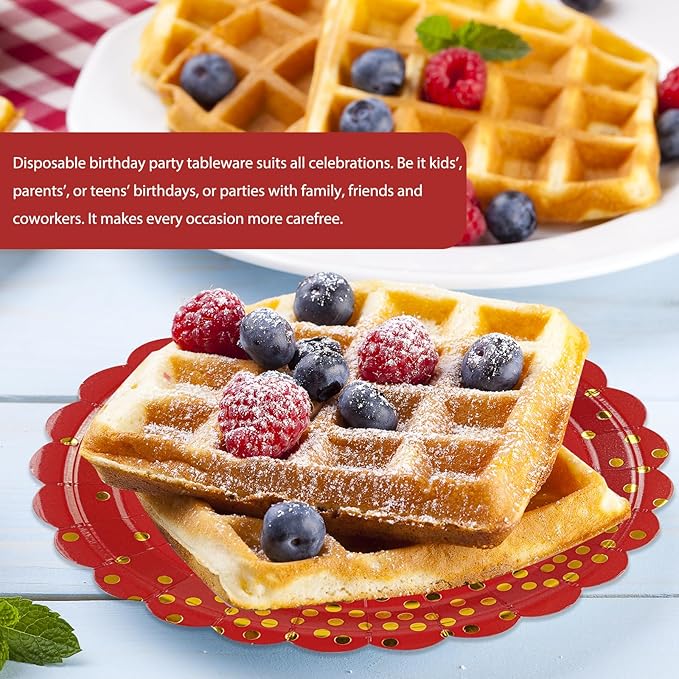 50PCS Red Paper Plates, 7 Inch Scalloped Red and Gold Party Plates Disposable Foil Polka Dots Dessert Plate Cake Plate for Wedding Baby Shower Birthday Anniversary Bachelorette Dinner BBQ