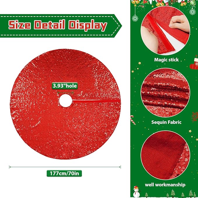 Eternal Beauty Christmas Tree Skirt, 70 Inch Red Sequin Tree Skirt Small Xmas Tree Skirt for Christmas Tree Decorations