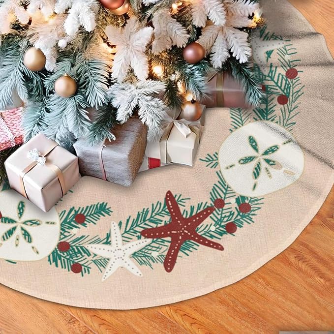 48" Large Christmas Tree Skirt, Coastal Rustic Beach Christmas Holiday Starfish Pattern Tree Mat Base Cover for Xmas Festive Holiday Party Decoration Ornaments